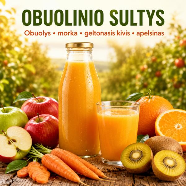 Obuolių, morkų, geltonųjų kivių ir apelsinų sultys